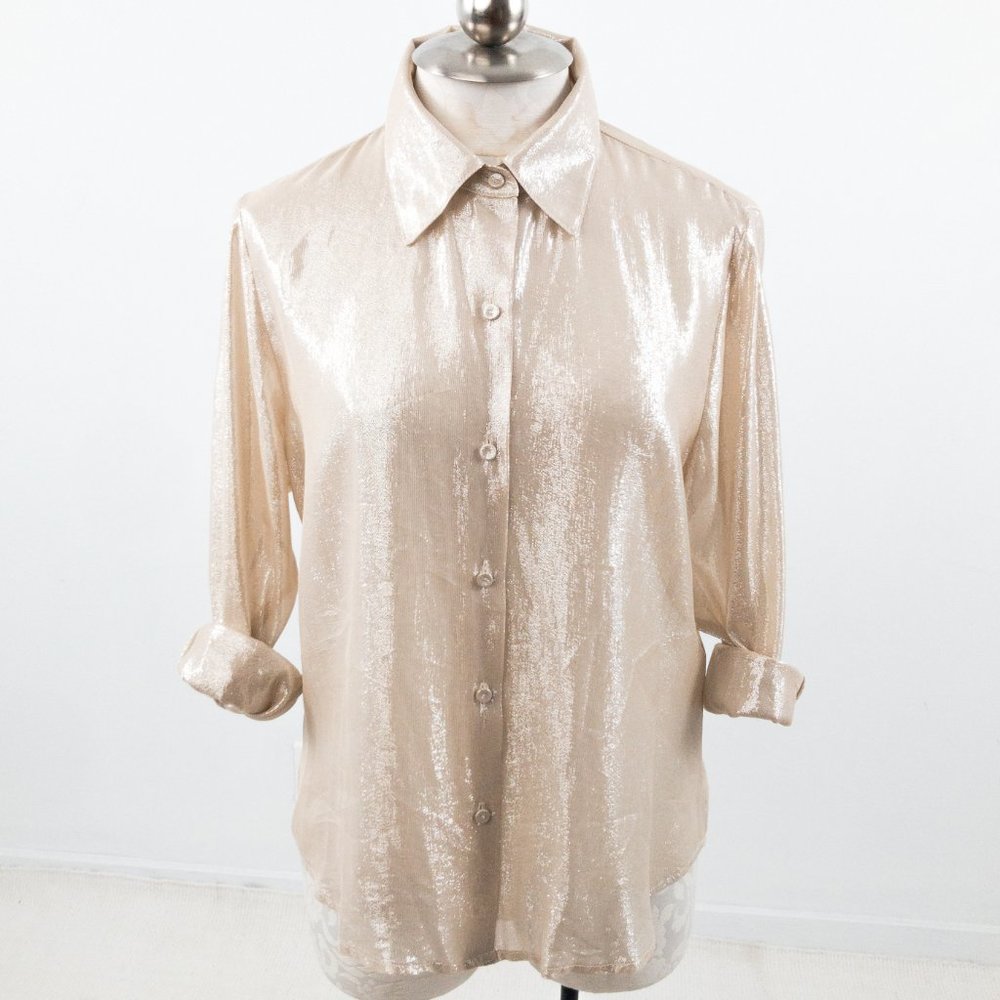 Vintage Sparkly Silk Champagne Long Sleeved Blouse - Picture 2 of 13